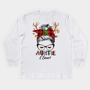 Auntie Claus Reindeer Messy Bun Wink Eye Christmas Family Matching Kids Long Sleeve T-Shirt